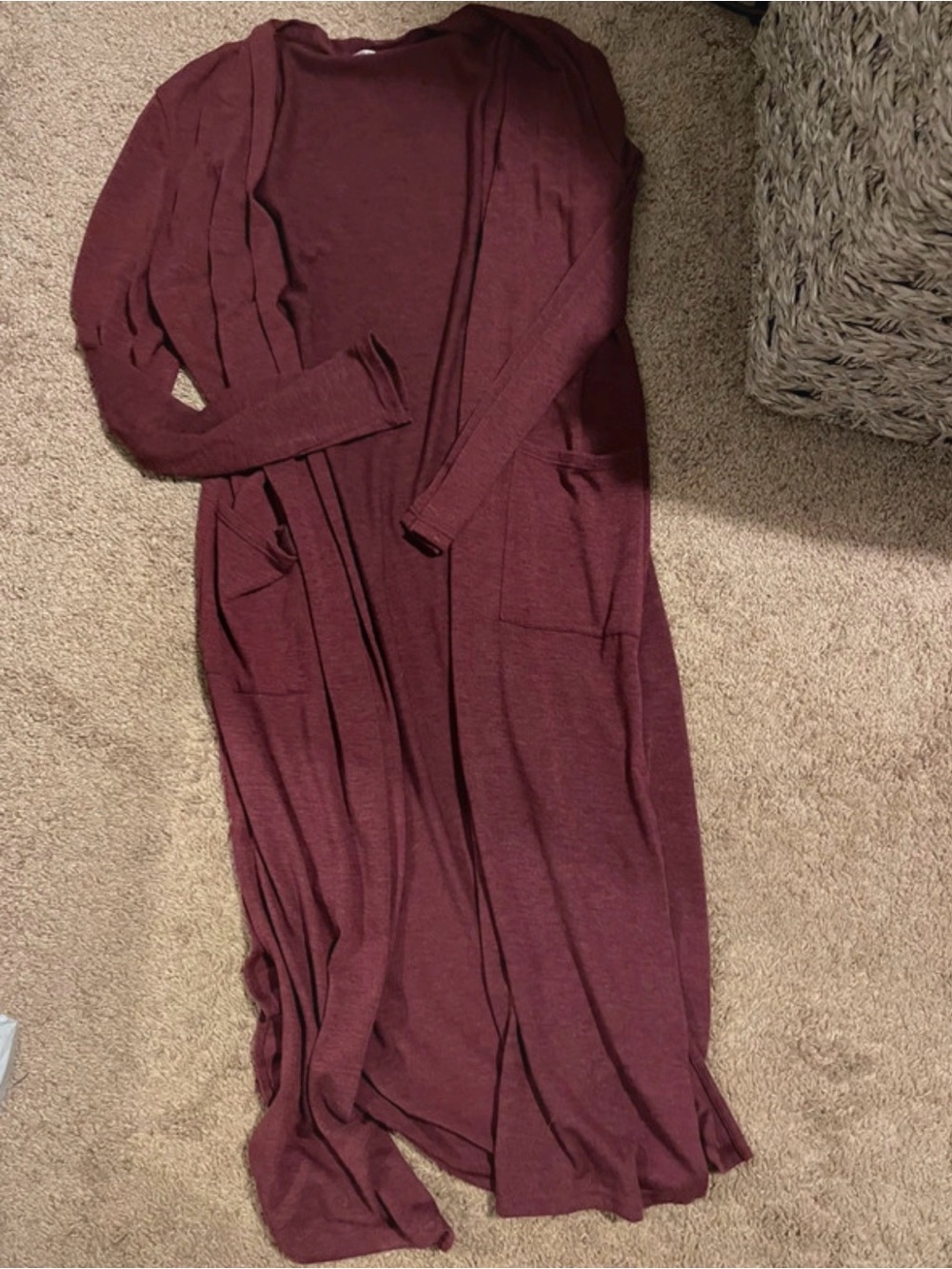 Doublju Long Open-Front Duster Cardigan in Burgundy